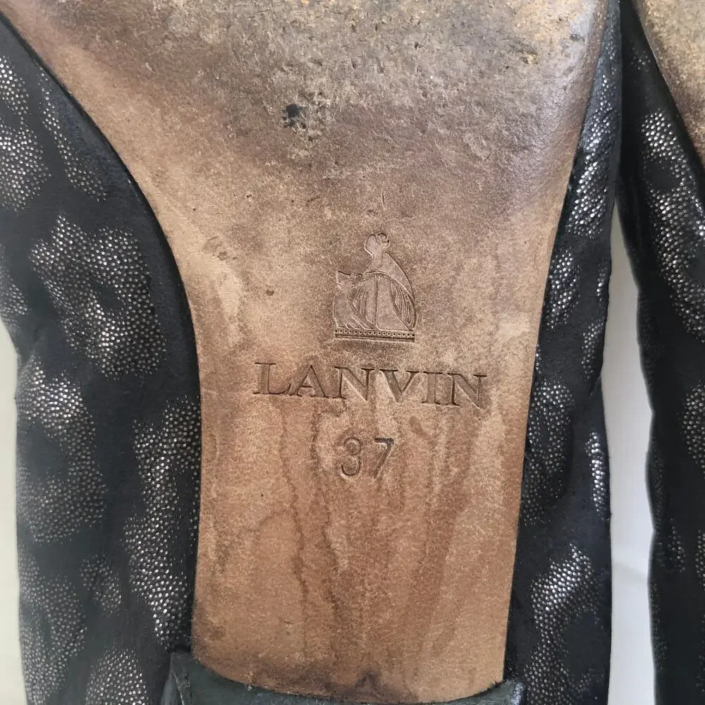 Lanvin Paris Shoes Kitten Heel Points Leopard Pattern Grey Silver Black 37